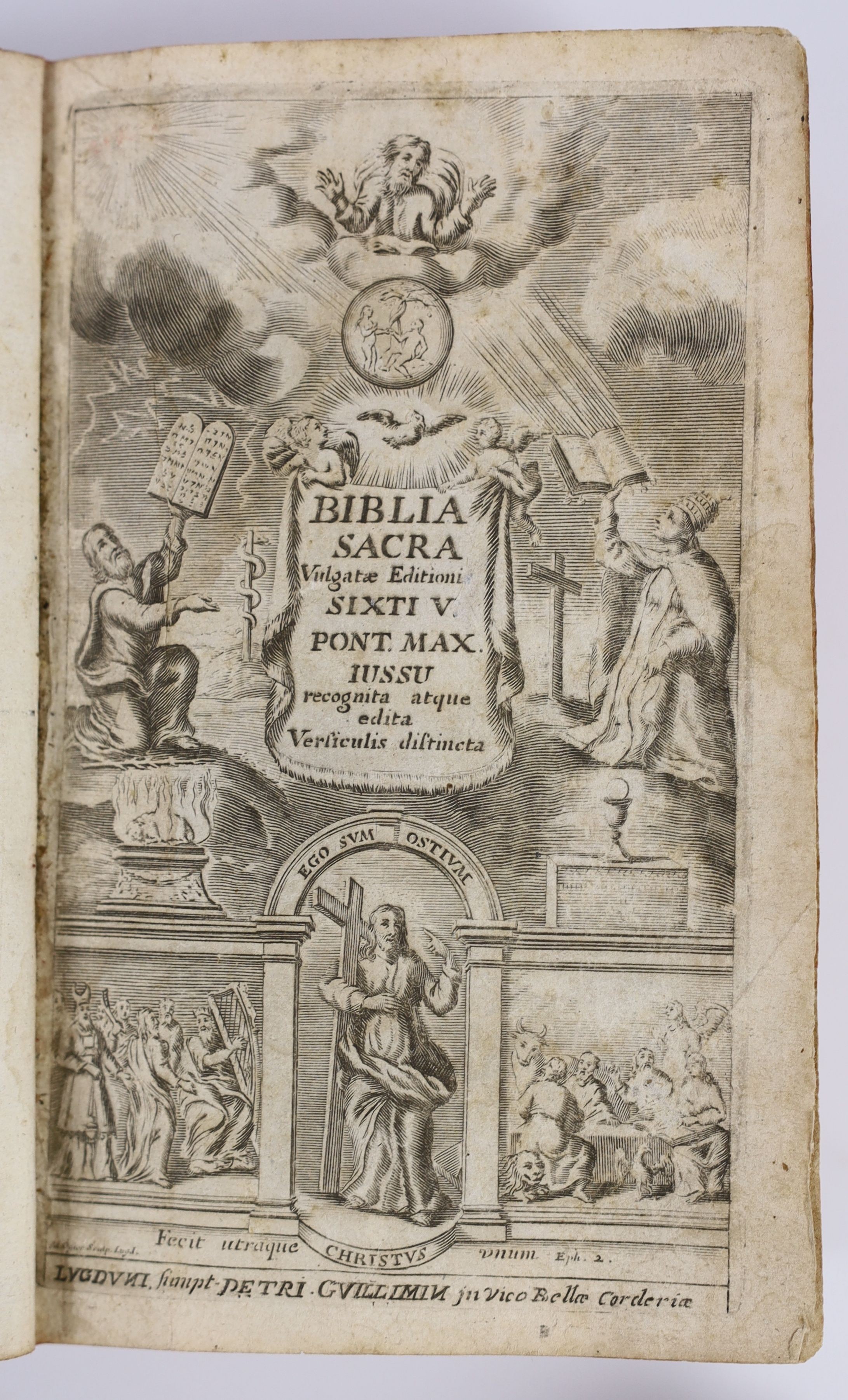 Bible in Latin - Biblia Sacra Vulgate Editioni, Sixti V.Pont. Max. Jussu…… 8vo, calf, weak joints, spine scuffed and relabelled, lacking pages 783-798, Petri Guillimin, Lyon, [c. 1693], with - Bible in English - The Holy